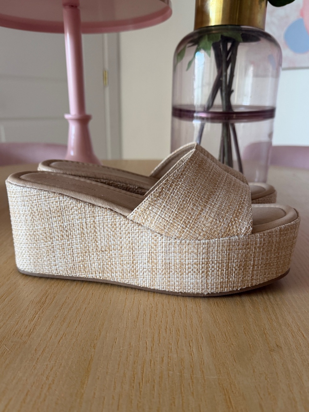 Azalea Wang Neutral Beige Woven Platform Slide Sandals - Women